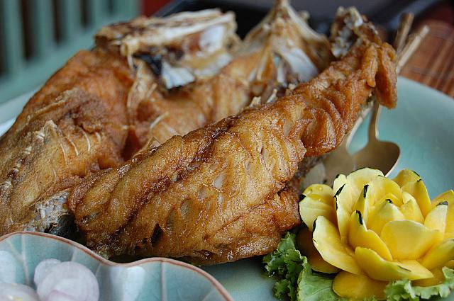 巨大な魚をカリカリに揚げた料理は二人でも完食できました！