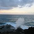 冬期のハワイ。雲や、ヴォグ（volcanic＋smog＋fog。ハワイ島から流れてくる火山灰のこと)で空が白いことも多く・・・今朝は残念ながらサンライズが雲に隠れていました（写真左）。でも潮吹きは見えました・・・。4月の始め頃までなら、クジラの姿が見えることもあるかも、です！