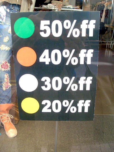 こちらは商品タグに貼られたステッカーの色で割引率を表しています。