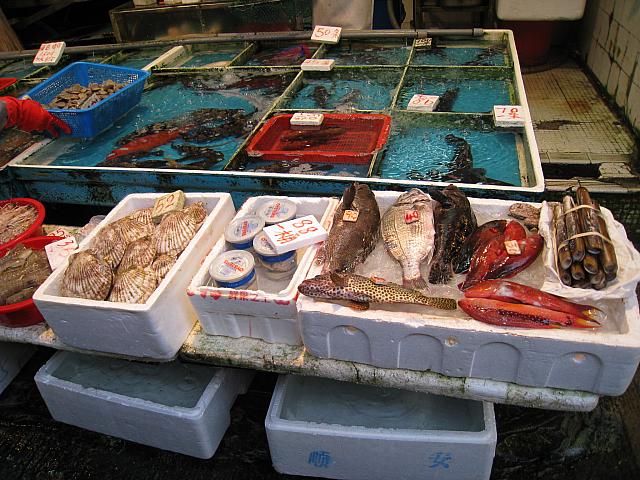 屋台の両脇にあるお店では、生きのいい海産物や…