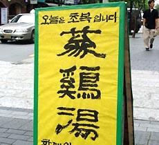 今日は初伏（チョボッ）。｢参鶏湯（サムゲタン）｣の看板につられて、 -仁寺洞にて