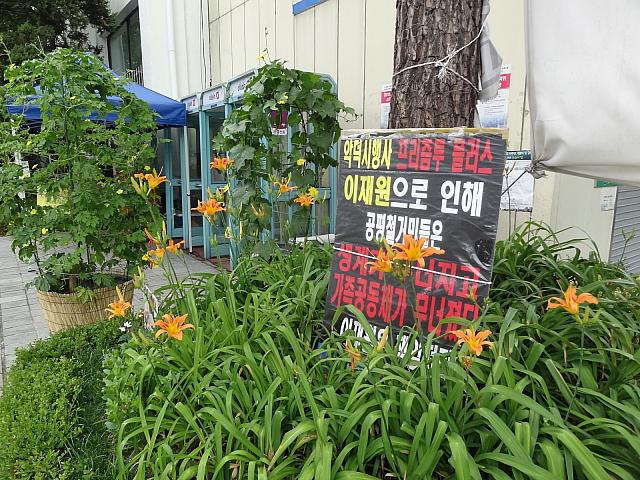 区庁前、抗議の看板のまわりに花が。