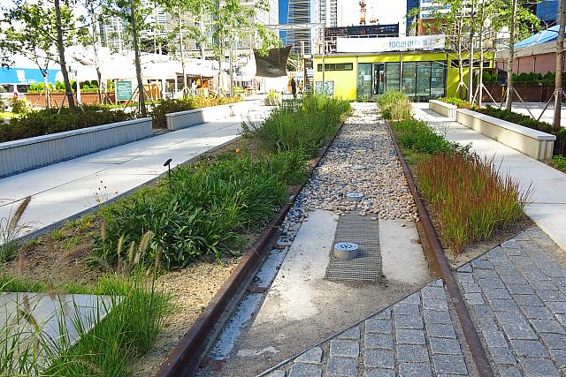 この公園、実は廃線路の上に作られているんです。確かに線路らしきものが！