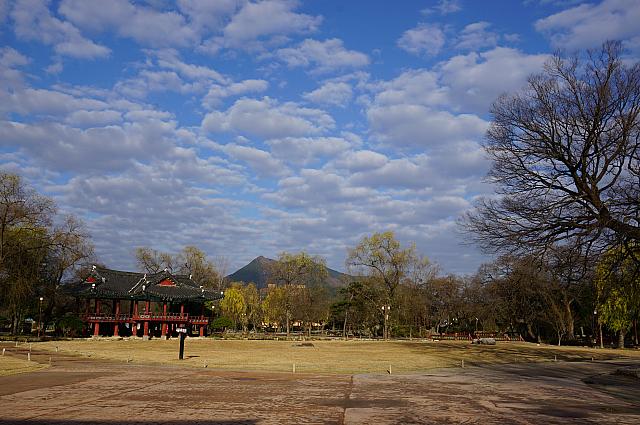 高い空と広々とした庭園