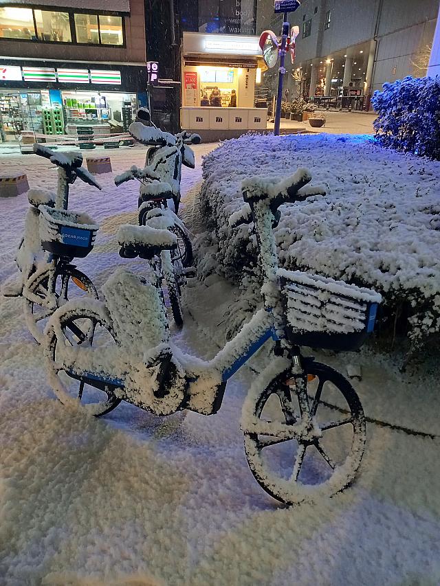 弘大の駅を出ると、天気予報通り、雪がけっこう積もっていますネ。