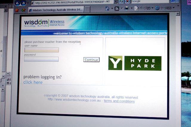 ワイヤレスの画面。こちらにアクセスして、フロントでもらったusername とpassword を入力すれば接続できます。　
