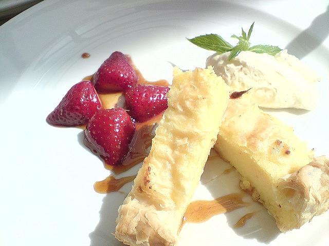 Galaktabouriko with roast strawberries and mascarpone cream A$13.50