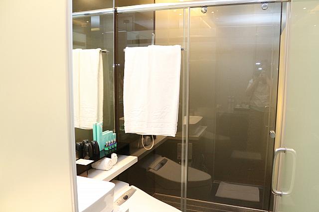 シャワー室とトイレはガラスドアによって仕切られています